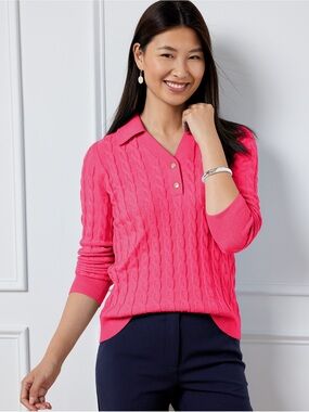 Talbots Pink Cable-Knit V-Neck Polo Sweater Preppy Johnny Collar